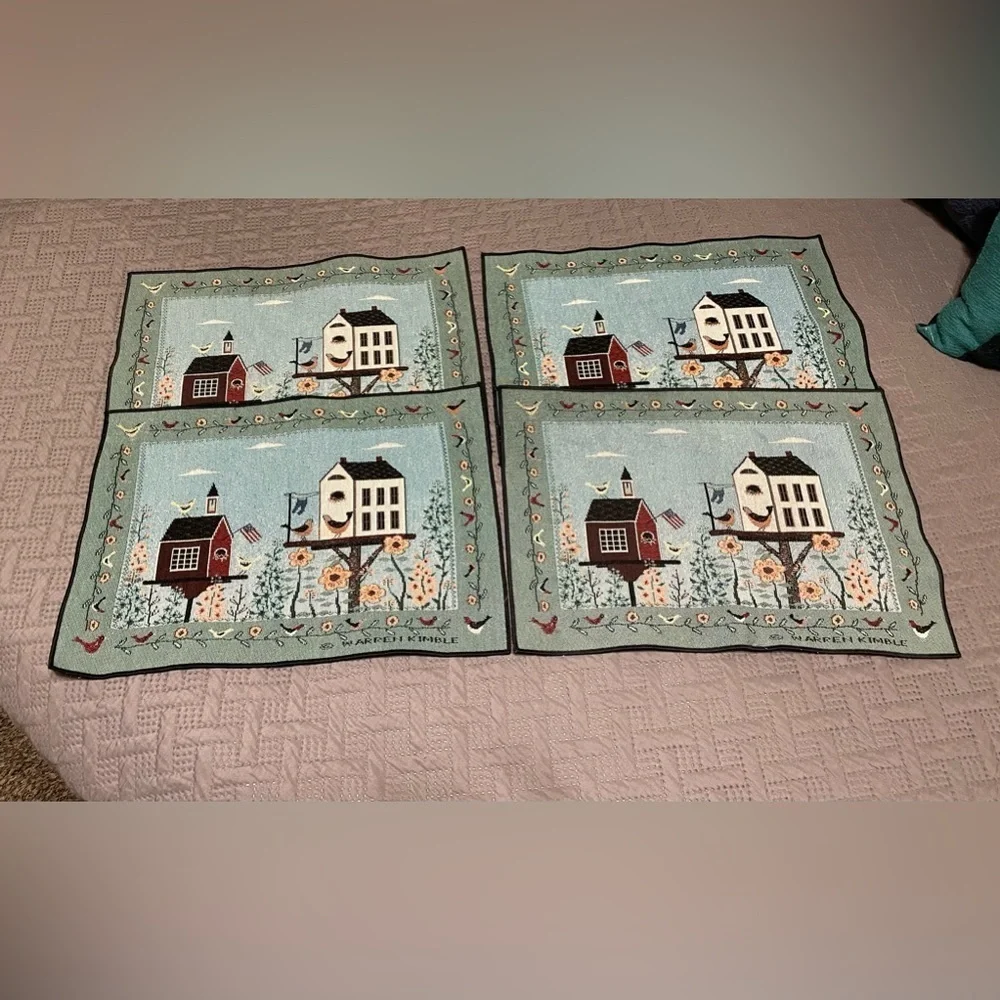 Kimble Patriotic Schoolhouse Birdhouse Placemats Set Of 4 Folk Art Tapestry